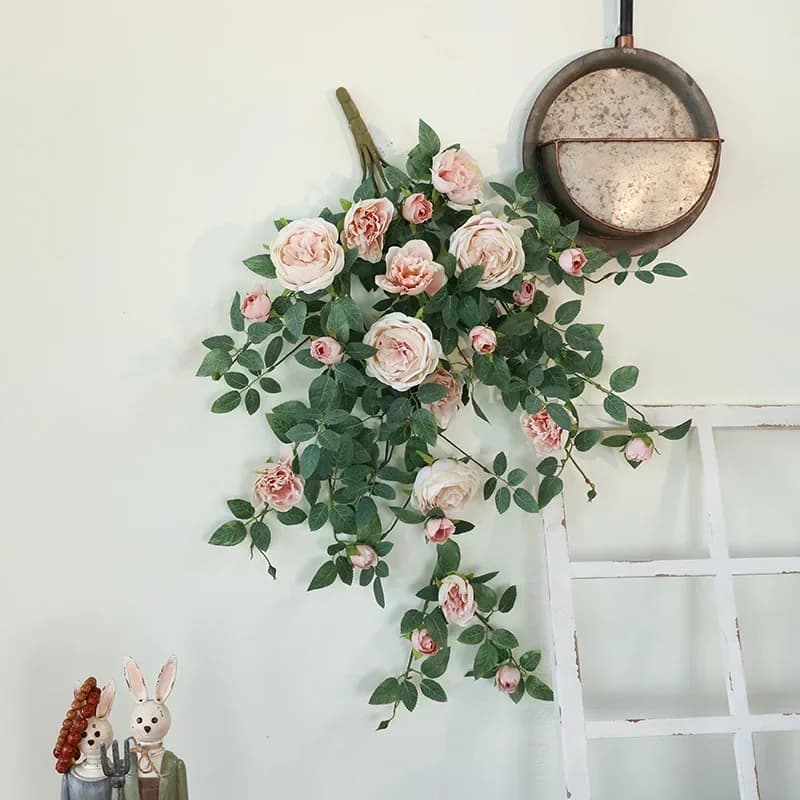 Matrimonio Fiori artificiali Appeso a parete Rose a cuore Rattan Simulazione Fiore Decorazione per feste Rosa Rossa Pianta floreale