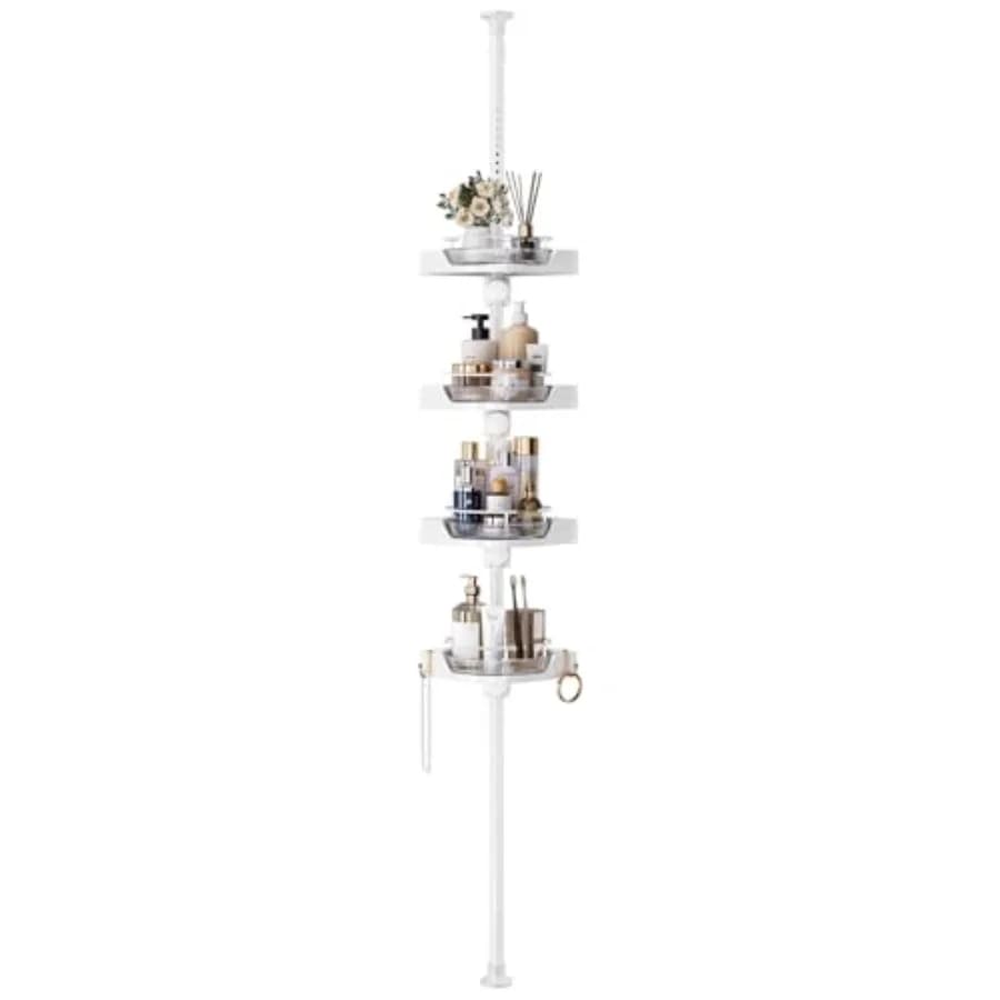 360 ° Organizzatore angolare per doccia a 4 livelli con asta telescopica girevole, scaffale regolabile per bagno e vasca da bagno