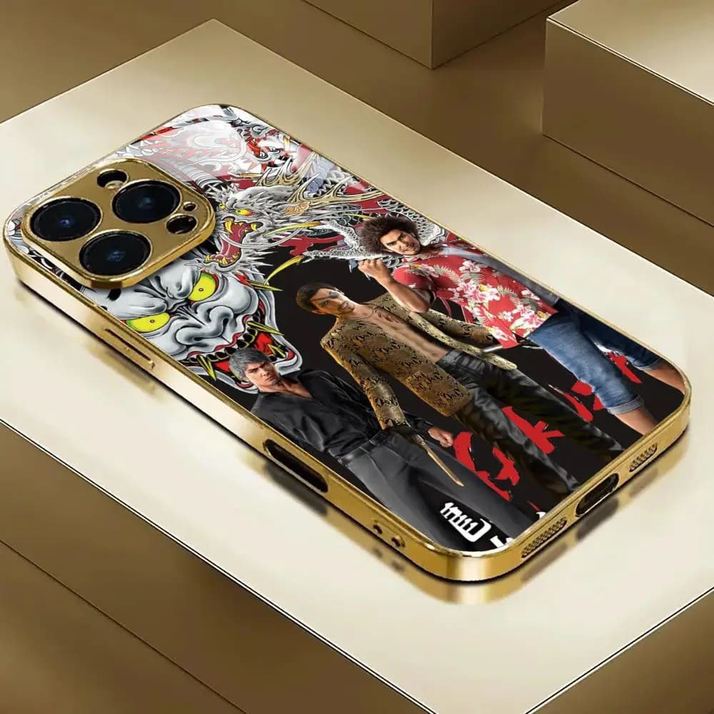 Yakuza Kiwami 3 & Dark Ties Phone Case For iphone 17 AIR 16 15 14 13 12 Pro Plus Max gold Electroplated glass Case