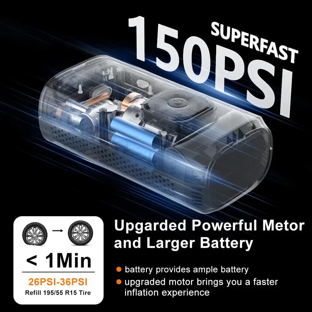 150Psi Portable Electric Air Pump, Electric Balloon Inflator, Wireless Air Pump, High-Performance Wireless Inflator with Led Digital Display, Can Be Charged by Mobile Phone, Led Lighting, with Multi-Function Nozzle, Can Be Used for Car, Motorcycle, Bicycle Wheels, Basketball, Football, Volleyball, Swimming Rings, Etc., Car Accessories, Motorcycle Accessories, Bicycle Accessories, Ultra-Long Standby Air Compressor Can Replace the Hydraulic Pump for Inflating.