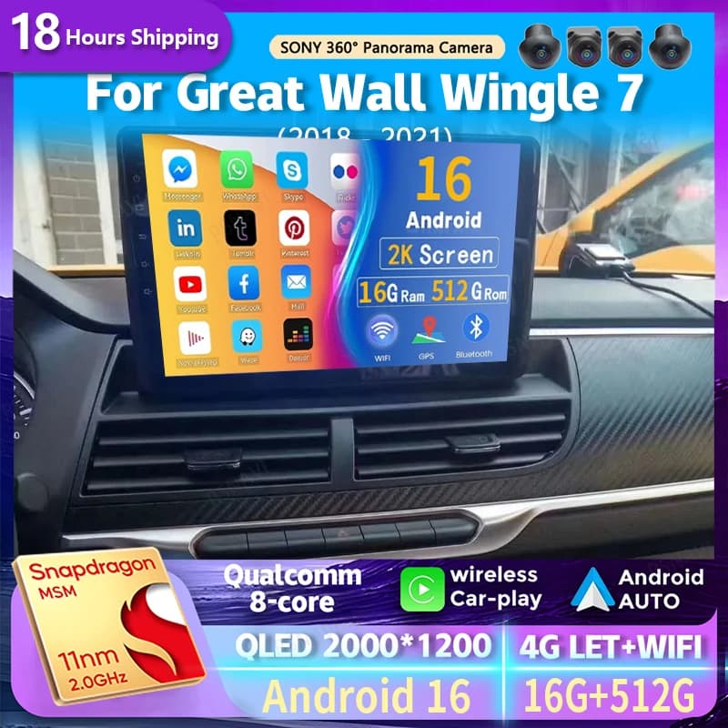 Autoradio Android 16 per Great Wall Wingle 7 2018-2021, Navigatore GPS, Lettore Multimediale Video, Stereo, Wi-Fi + 4G, Carplay, Video, Bluetooth