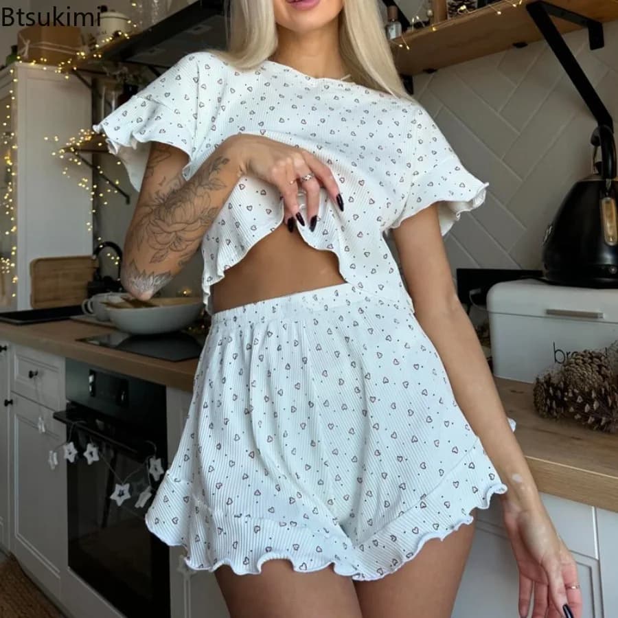 New 2026 Women's Summer Short-Sleeved Pajamas Homewear Sets Casual Printing Ruffles Short-Sleeved Shorts Pajama Set for Women