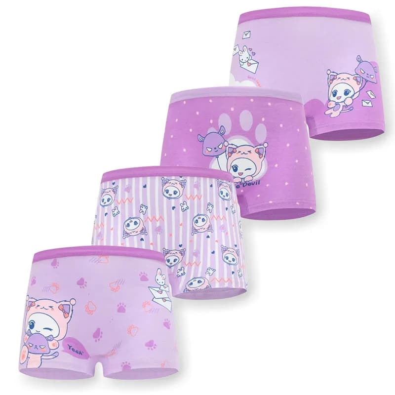 4-Piece Pack Breathable Cotton Girls Panties Double Layer Bottom Comfort Daily Wear Children's Underwear Cute Cartoon Print