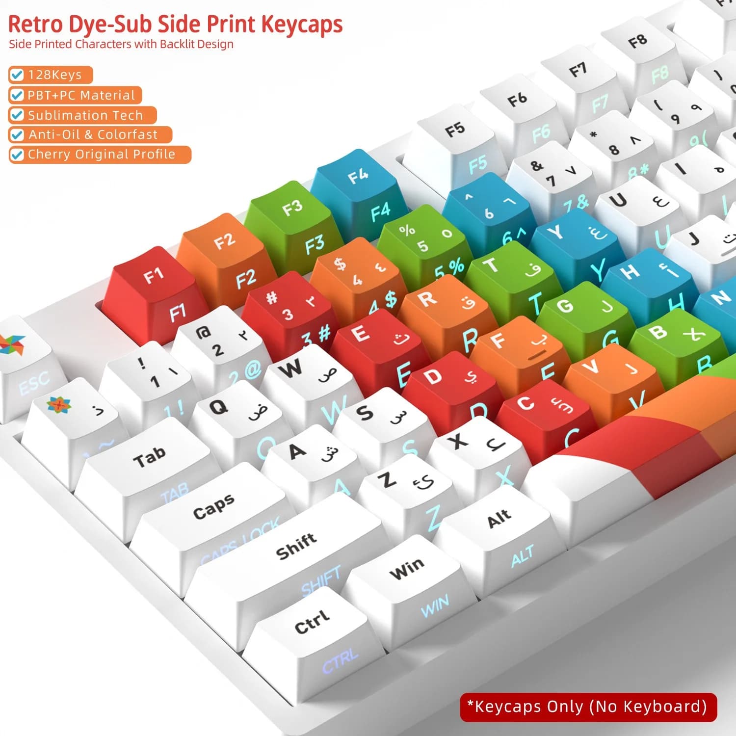 Keycaps Arabi e Inglesi per Tastiera Meccanica, Tasti di Ricambio Fai-da-Te, Retroilluminazione RGB, Laterali Trasparenti, Profilo Cherry Originale