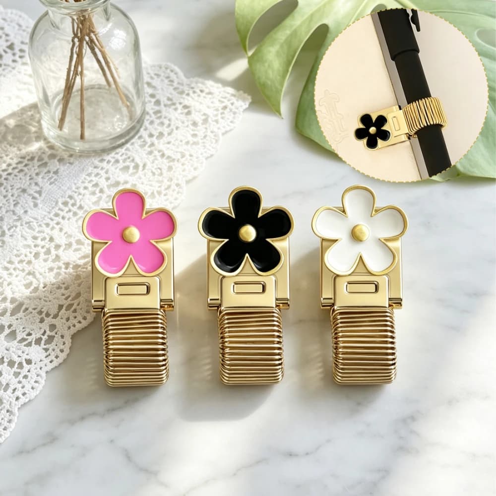 1pc Flower Metal Pen Holder with Spring Mechanism, Elastic Pen Clip for Notebook Journal Planner, Cute Daisy Pen Clip