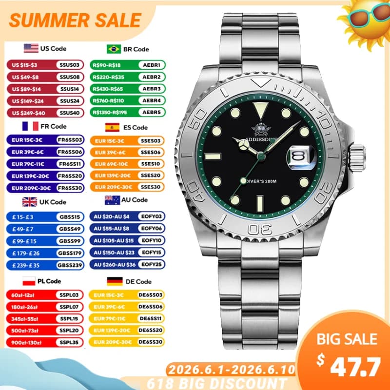 ADDIESDIVE 41 mm quartz watch AD2040 men's 200 m waterproof underwater wristwatch men's watch with 316L stainless steel ceramic bezel super bright