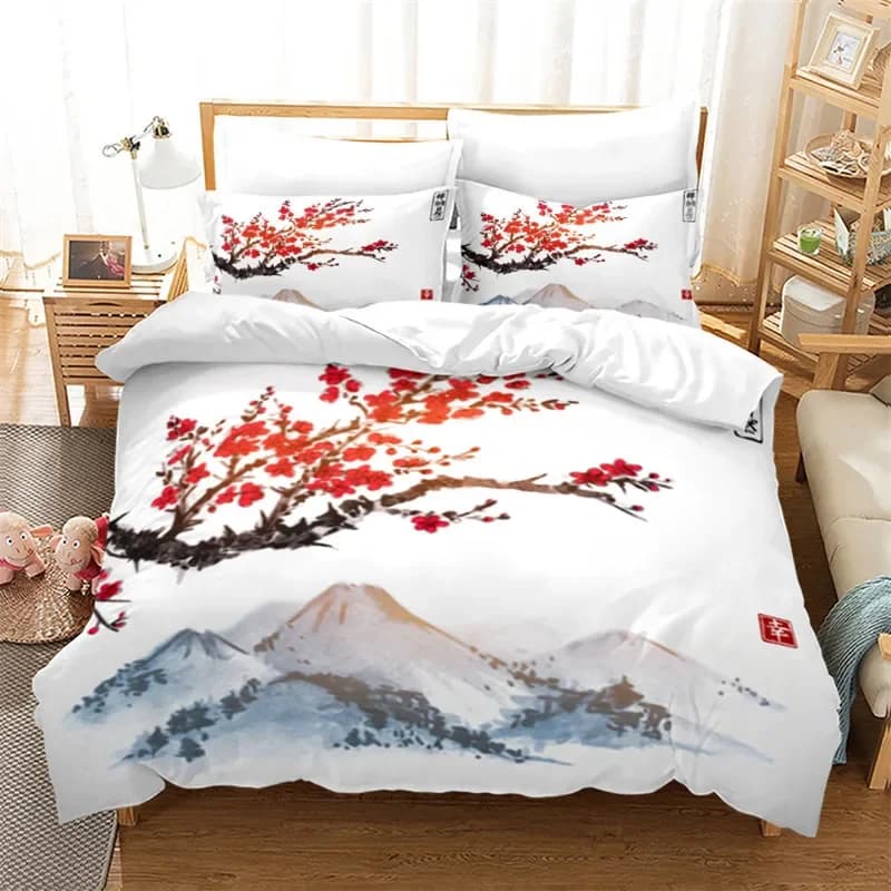 Copripiumino pittura a inchiostro stile giapponese Mount Fuji copripiumino fiori di ciliegio rosso stampa Set di biancheria da letto per adulti adolescenti ragazze