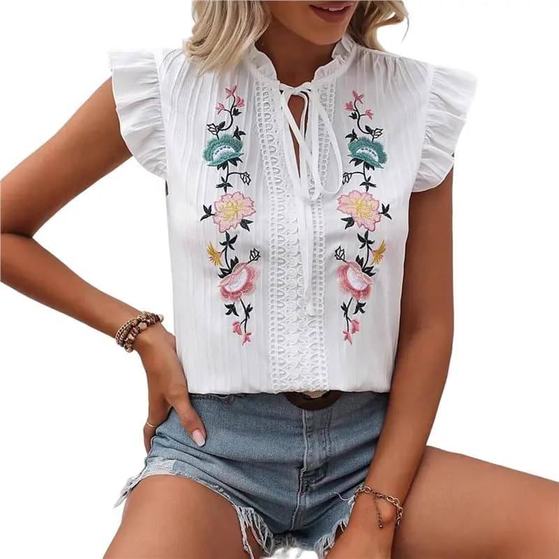 ABRT-Women Top floreale ricamato da donna, alla moda, con maniche a volant, allacciatura frontale, camicette casual con scollo a V, top stile contadino, bianco M