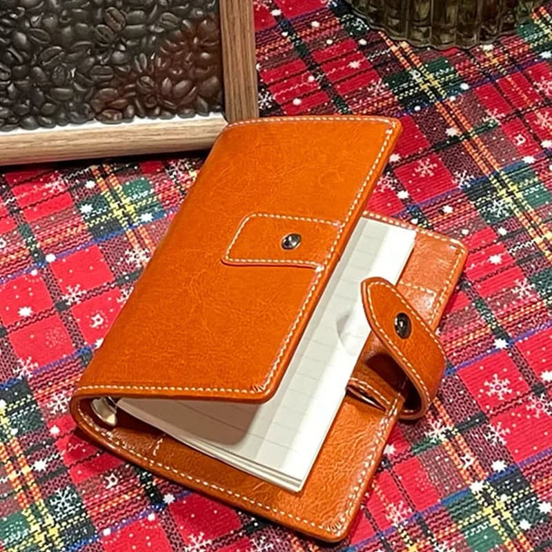 Agenda con Anelli Giallo-Marrone Formato A8 / M5, Mini Taccuino in Pelle Bovina a 5 Fori con Anelli da 15 MM, Organizer per Diario di Viaggio