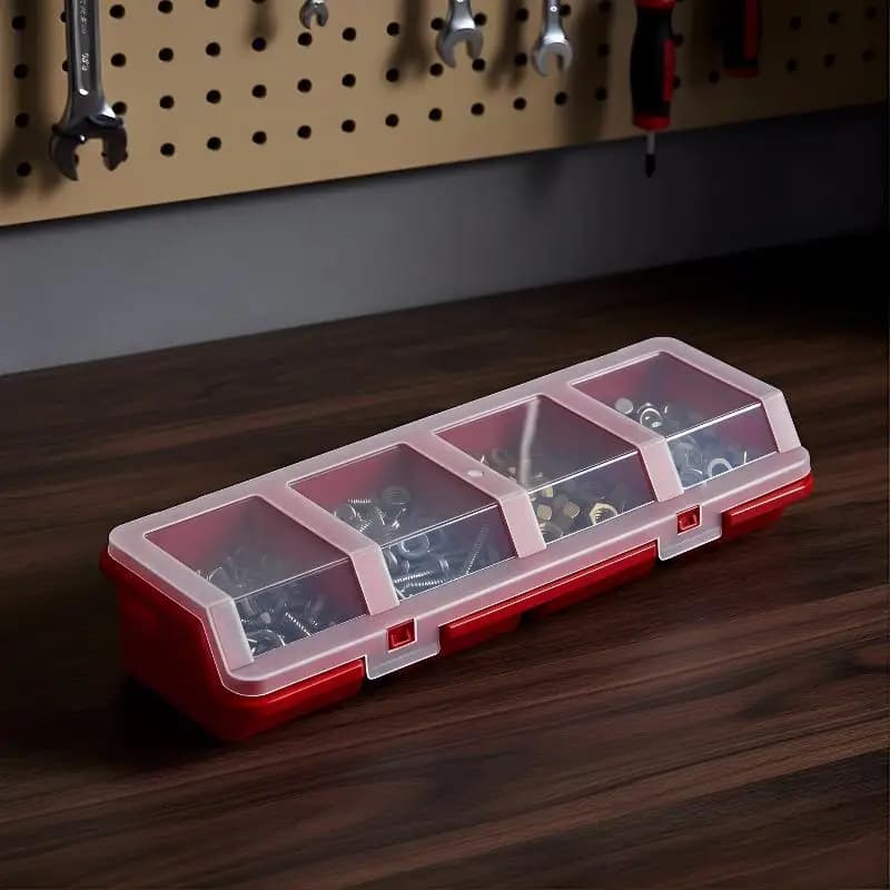Plastic Storage Box 4 Compartments With Lid Blue Red Black for Screws Bolts Nuts Small Parts Workshop Use