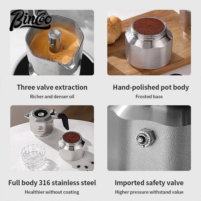 Bincoo Pentola per moka in acciaio inossidabile 316 a tre valvole 3.0pa Caffettiera per estrazione concentrata italiana Caffettiera per uso domestico
