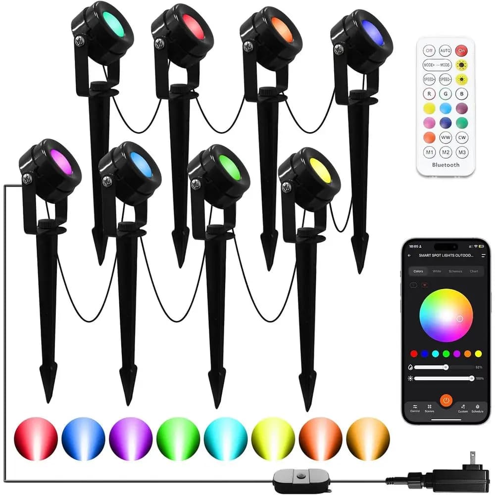 Faretti RGBW Intelligenti da Esterno, Confezione da 8, Illuminazione per Giardino con Controllo APP e Telecomando, Impermeabili IP65 e con Timer, Cambio Colore