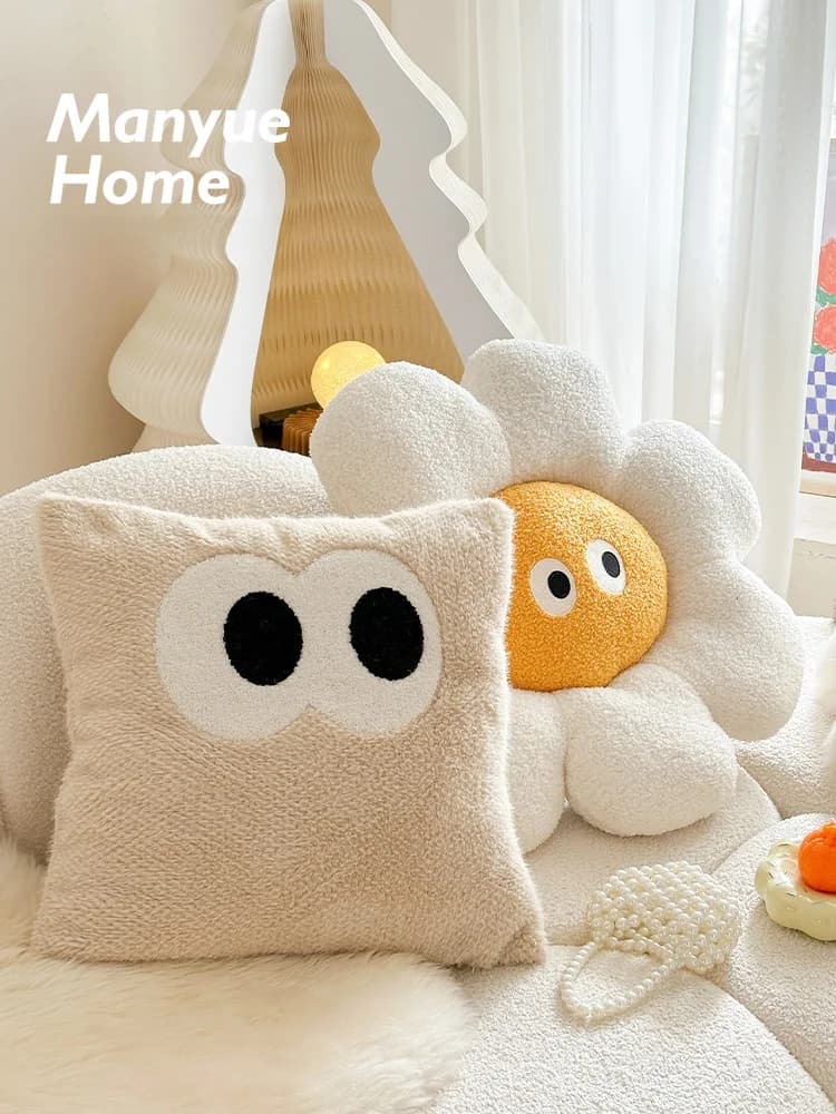 Cuscino con Occhi Grandi Stile Cartone Animato, Fodera Inclusa, per Camera da Letto, Stile Crema, Arredamento Casa, Morbidi Articoli d'Arredo