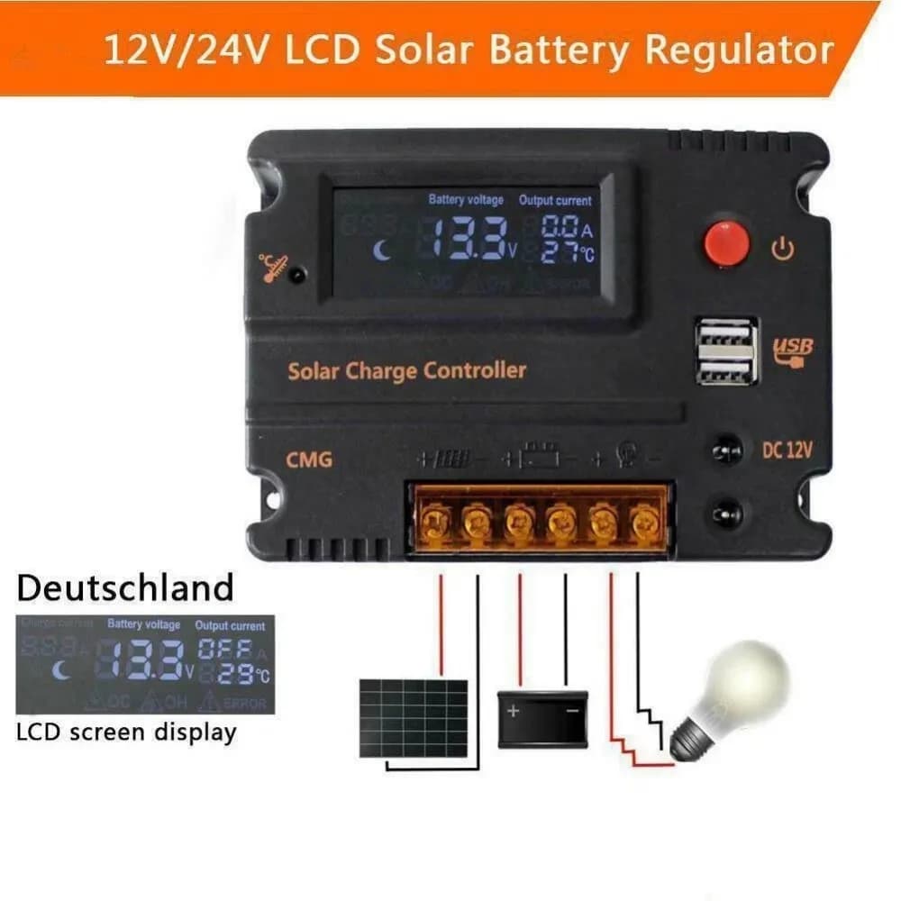 Regolatore di Carica Solare 10A 20A con Display LCD, Controllore per Pannello Solare 12V 24V Auto con 2 Porte USB