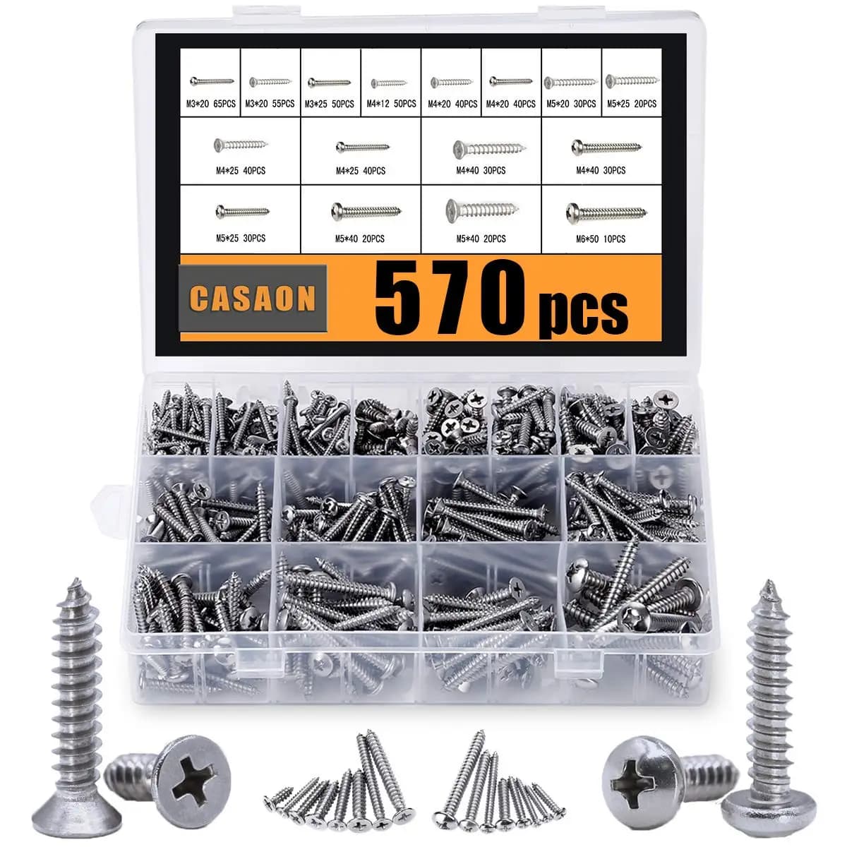 Set di viti autofilettanti da 570 pezzi, kit di viti per legno e lamiera in acciaio inossidabile 304 M3/M4/M5/M6