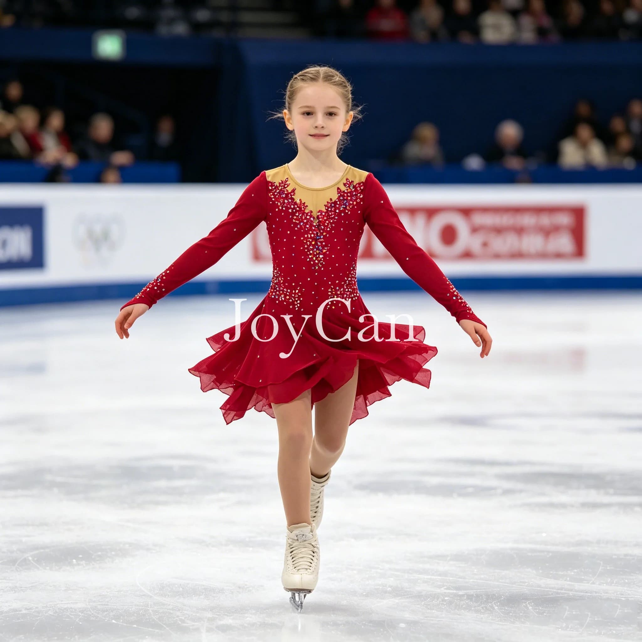 Abito da Pattinaggio Artistico JoyCan per Ragazze, Rosso in Spandex Elasticizzato con Rete, per Competizioni e Danza, Personalizzabile BD3485