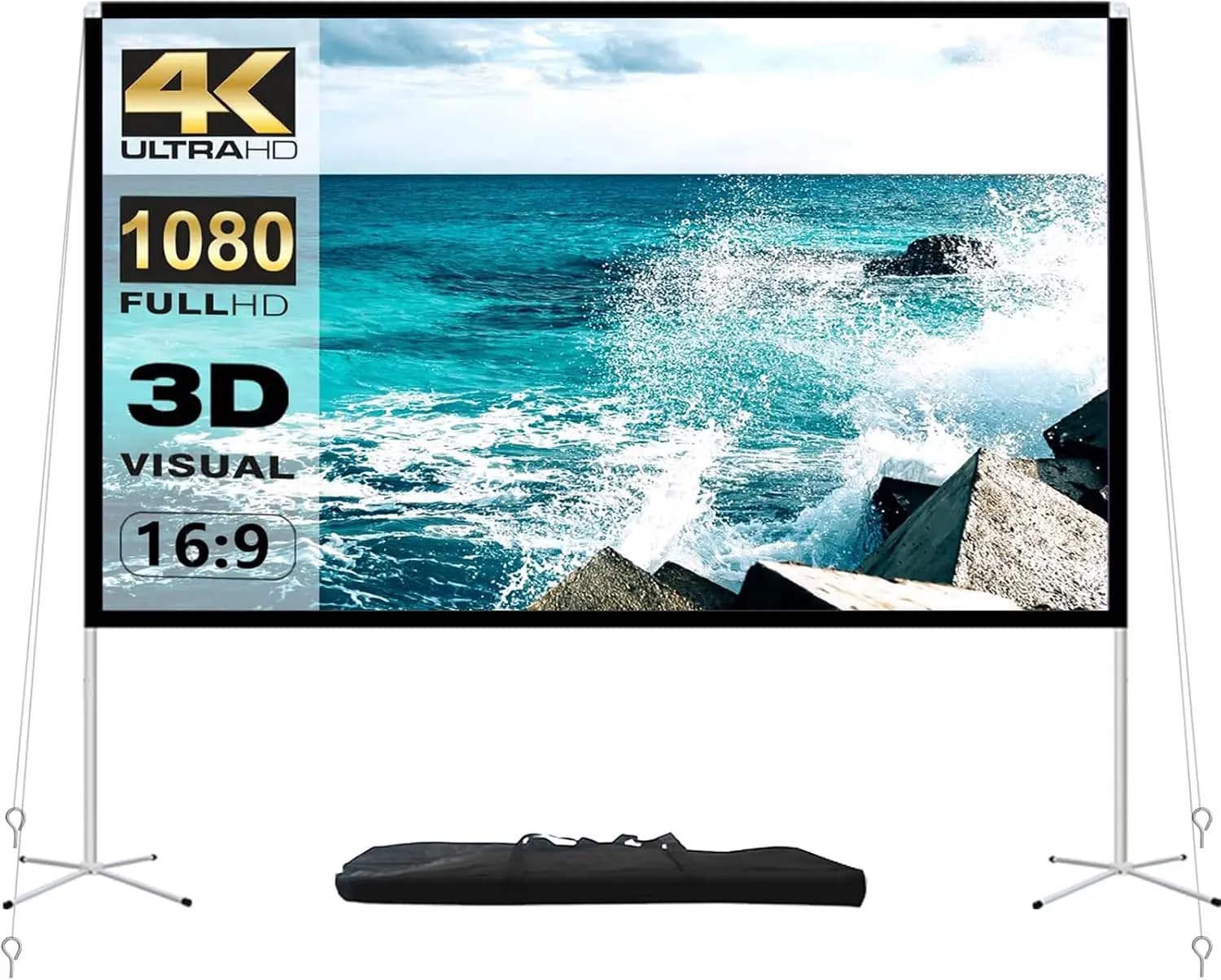 Schermo di Proiezione Portatile da 100 Pollici con Supporto, 16:9 HD per Home Theater Interno ed Esterno, Campeggio