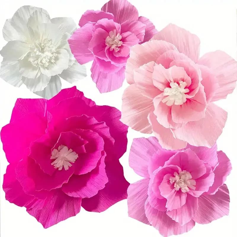 5 pezzi di fiori di carta rosa, carta crespata artificiale, decorazione da parete rosa e bianco brillante, matrimonio, compleanno, sposa, baby shower, aula, asilo nido, sfondo, decorazione centrale