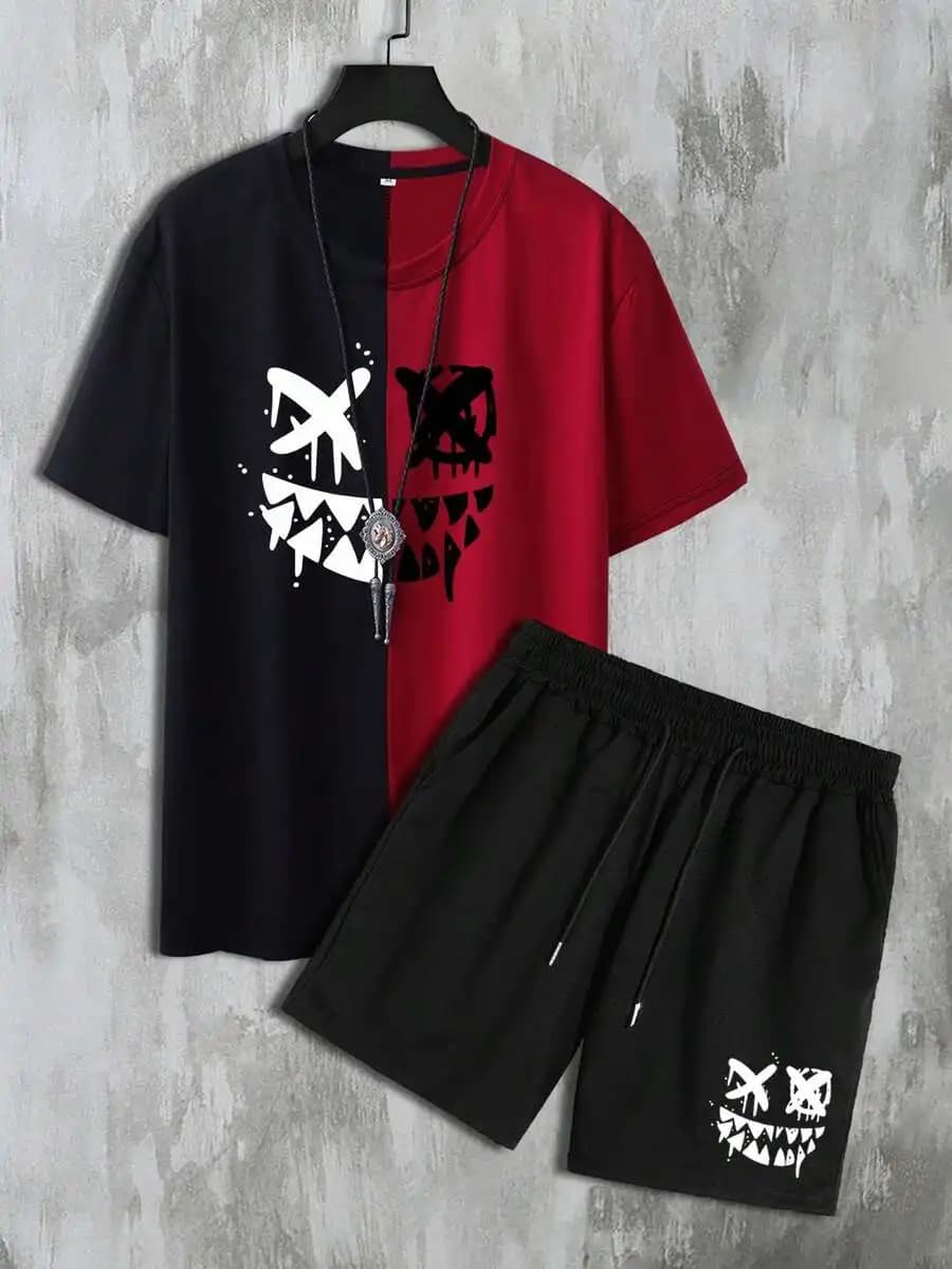 Manfinity Roughcore Men Cartoon Graphic Two Tone Tee & Drawstring Waist Shorts