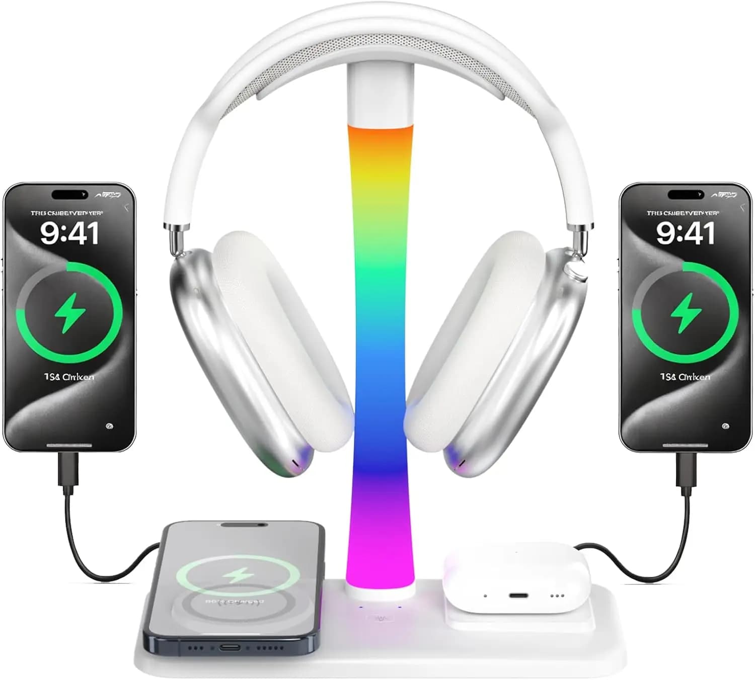 Supporto per Cuffie con Ricarica Wireless e Luci RGB, Compatibile con iPhone e Cuffie da Gaming, Organizer da Scrivania, Regalo