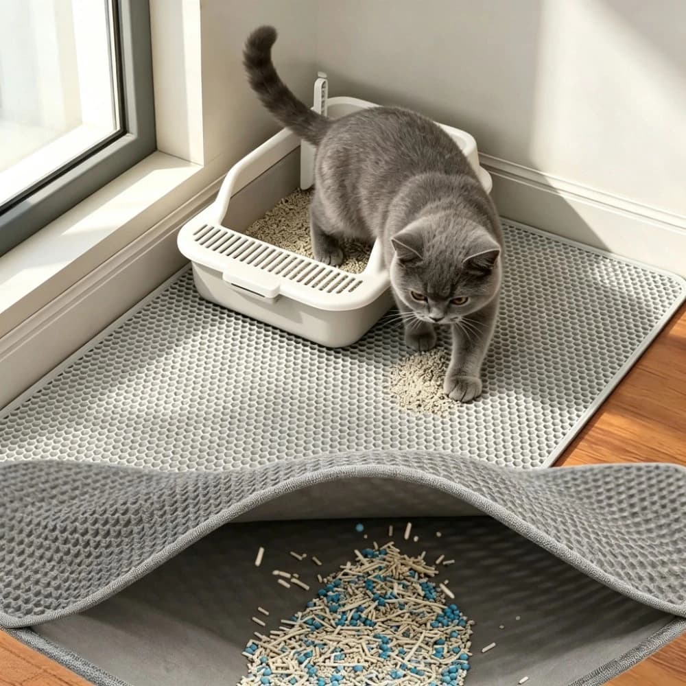 Washable Non‑Slip Cat Litter Mat, Waterproof Double Layer Sand Trapping Pet Litter Box Mat for Cat Dog Cleaning Supplies