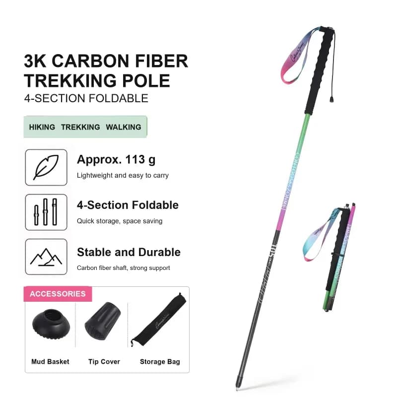 2PCS Carbon Fiber Ultralight Trekking Pole 4-Section Foldable Walking Stick EVA Anti-slip Grip for Hiking Trail Running Climbing