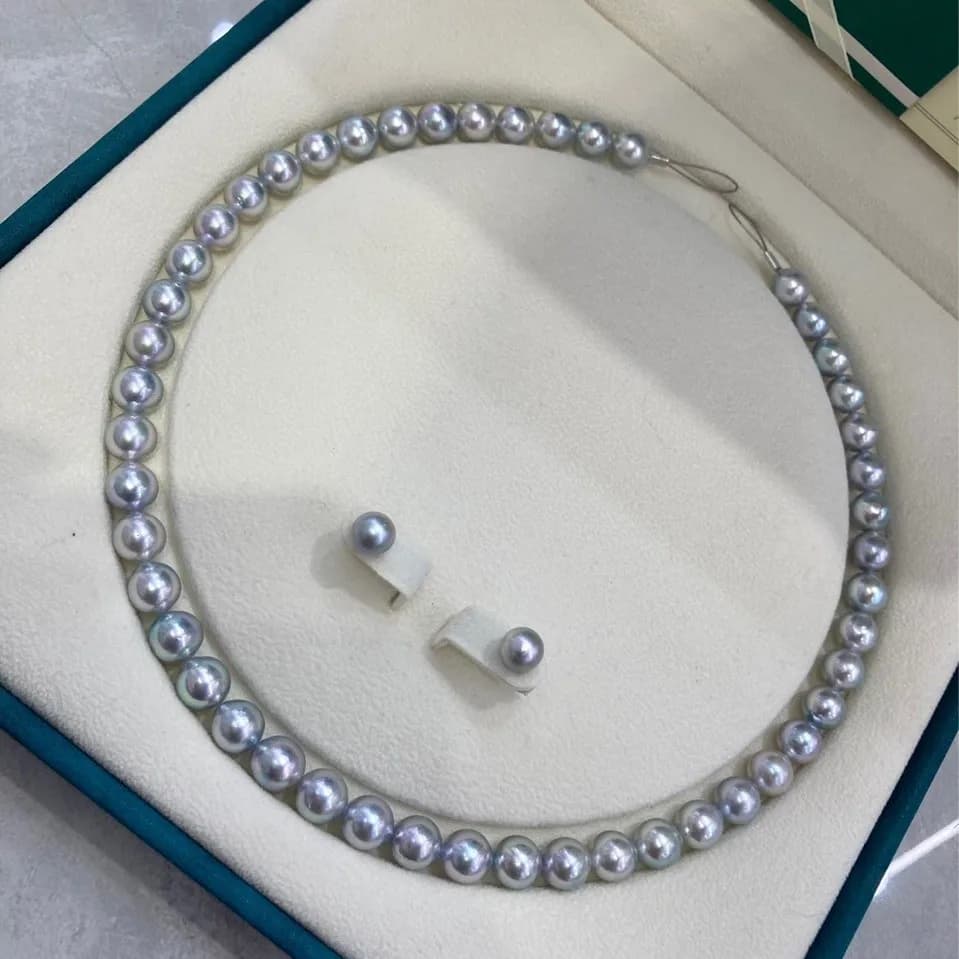 Set di collana, orecchini e bracciale con perle blu in argento Akoya di acqua di mare naturale, 7-7,5 mm, quasi rotondo, leggere imperfezioni