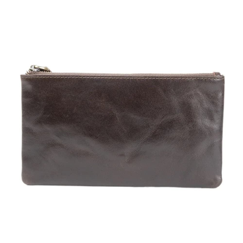 Unisex genuine leather long zipper wallet clutch, thin top layer cowhide oil wax leather retro wallet
