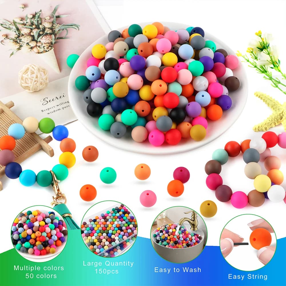 50 pz/lotto 9/12/15mm perline rotonde in Silicone spaziatura catena perline allentate per bracciali collana fai da te accessori per gioielli