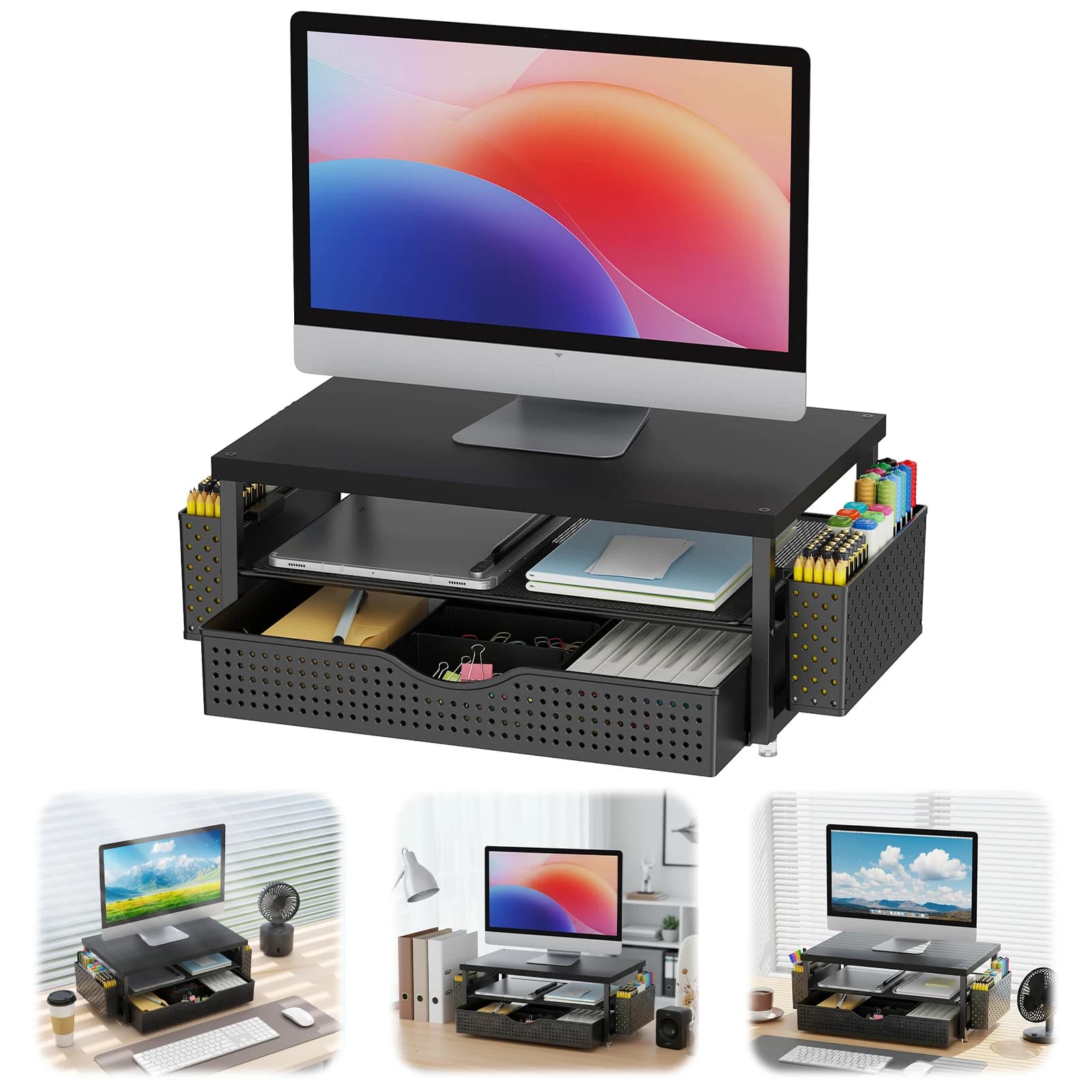 Support for 2 Level Monitor with Drawer and 2 Laptop, Computer Stand and Laptop, Office Desk Accessories
