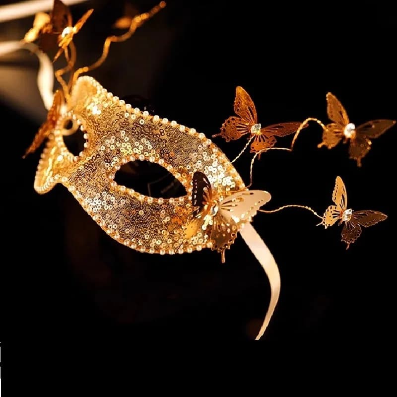 Maschera a farfalla con paillettes dorate per adulti, mezza maschera per performance di orologi femminili per adulti, maschera per occhi sexy