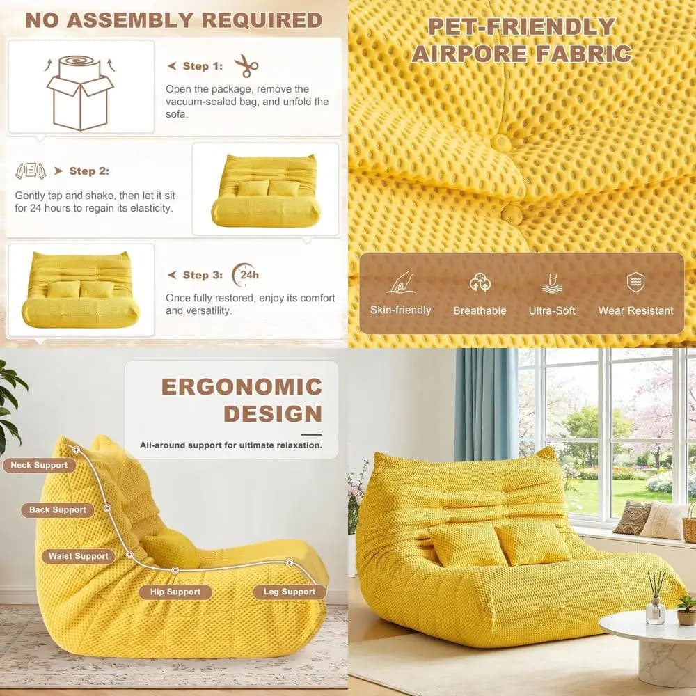 Large Sacco Armchair for Adults with 2 Cushions, in High Rimbalzo Memory Foam, Ideal for Relaxing, Reading, Gaming - Yellow Sofa