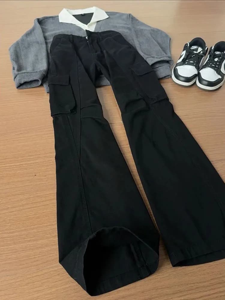 Retro American High Street Men's Jeans Trendy Brand Multi Pocket Straight Leg Workwear Pants Slanted Cut Micro Flared Trousers