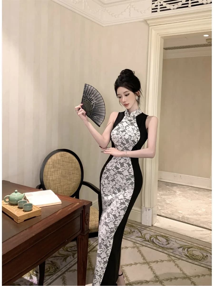 Retro Lace Splicing Slimming Bodycon Dress Women's Summer Waist-Cinching Midi Length Elegantly Designed City Walk Dress