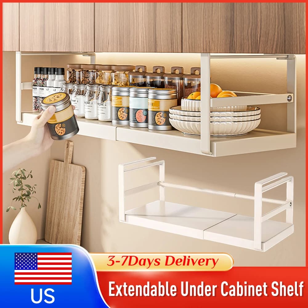 Extensible shelf Under-board with Clips, Drawing basket for Organization of Spices, Kitchen, Dispense, Laundry and Shoes