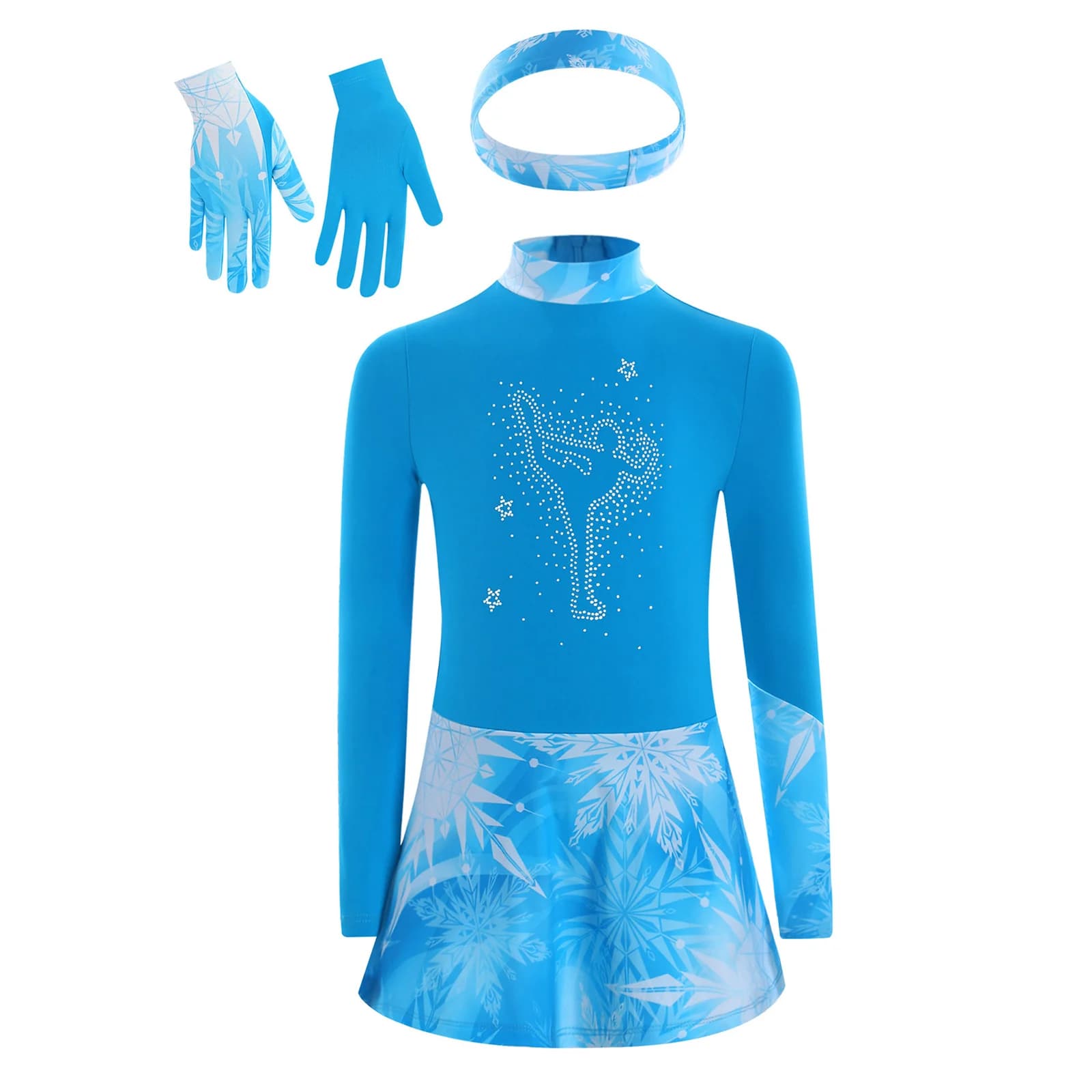 Abito da pattinaggio di figura per ragazze adolescenti Abito da ginnastica con strass lucidi Abito da ballo per balletto stampato a maniche lunghe con guanti Fascia per capelli