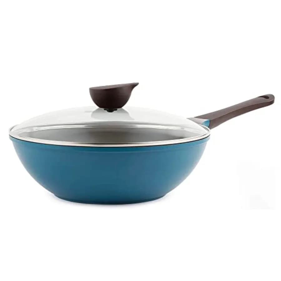 Eela Wok 12''' anti-stick with Glass Cover, Sauce pan with POFA-free ceramic coating for sewing Vegetables, Meat and Fish