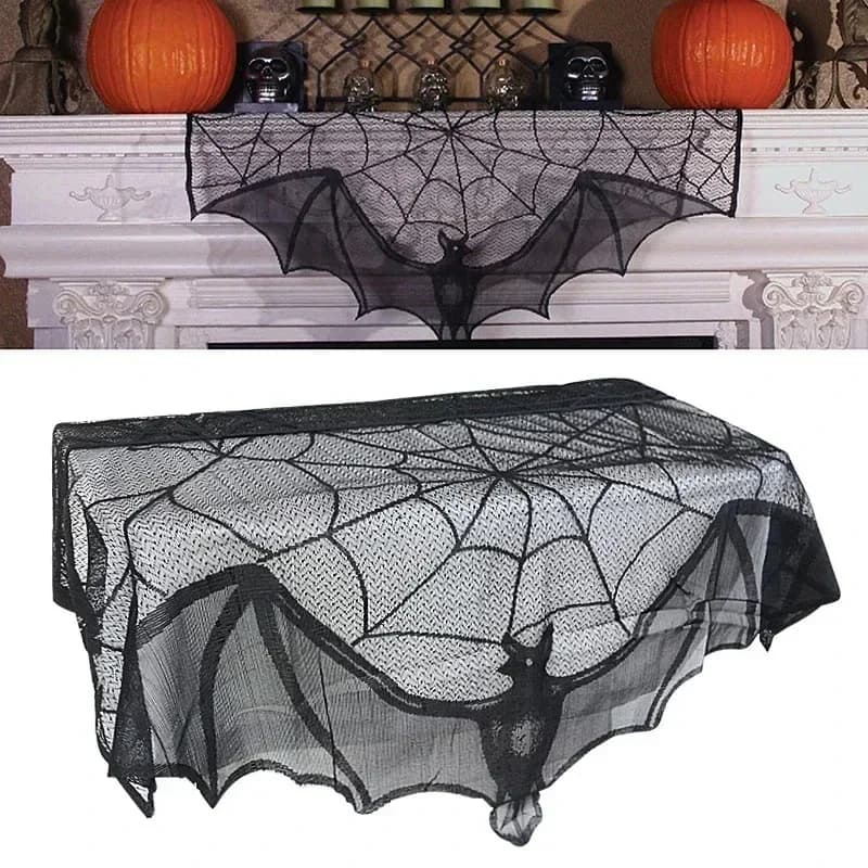 Halloween Lace Curtain Black Bat Spider Tablecloth Fireplace Mantel Scarf Cover Halloween Home Room Spider Web Horror Decor