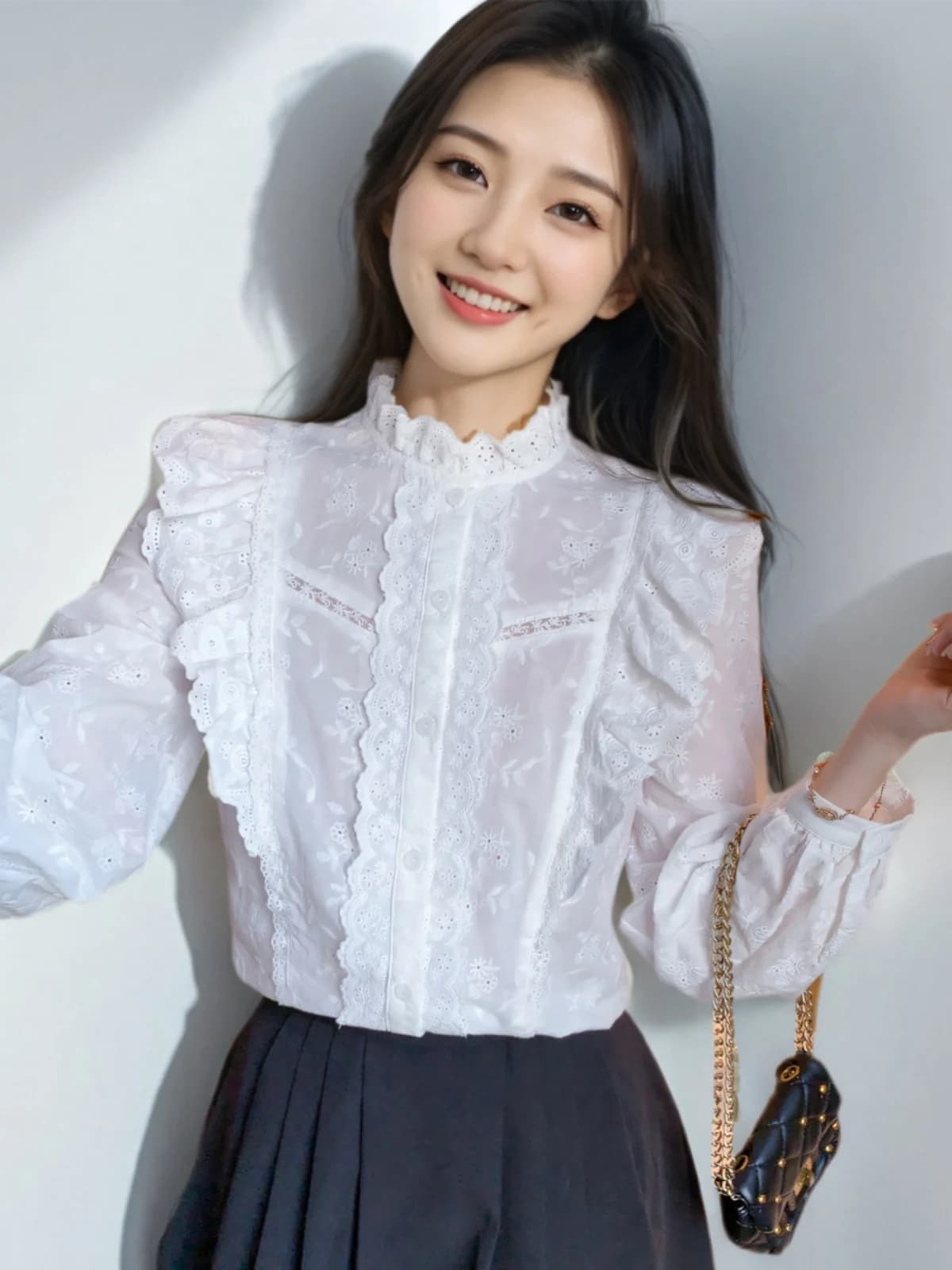 Elegante Camicia in Pizzo da Donna, Manica Lunga in Misto Cotone e Poliestere, Stile Casual per Primavera, Autunno e Inverno