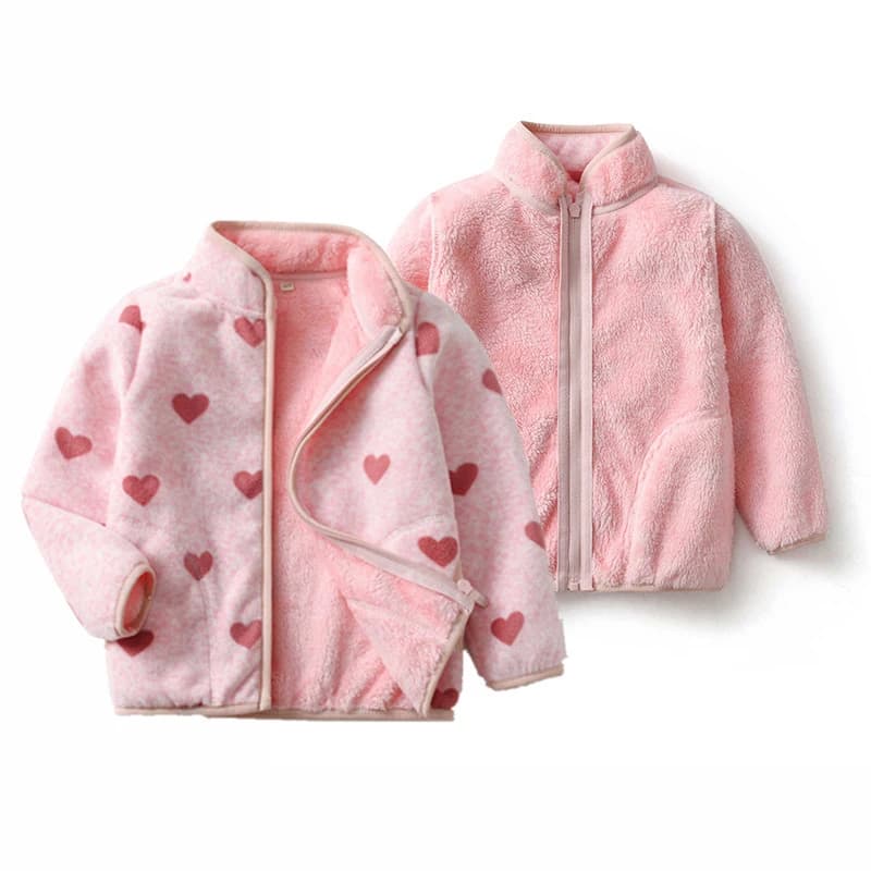 Cappotti per ragazze da 1 a 8 anni vestiti per bambini invernali giacche con stampa a cuore Double face ragazzi peluche in pile capispalla caldi abbigliamento per bambini