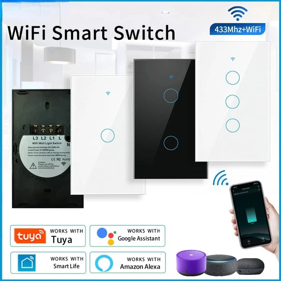Tuya WiFi Smart Wall Touch Switch RF433Mhz 1/2/3 Gang Panel Switch without neutral wire we work with Alexa Google Assistant