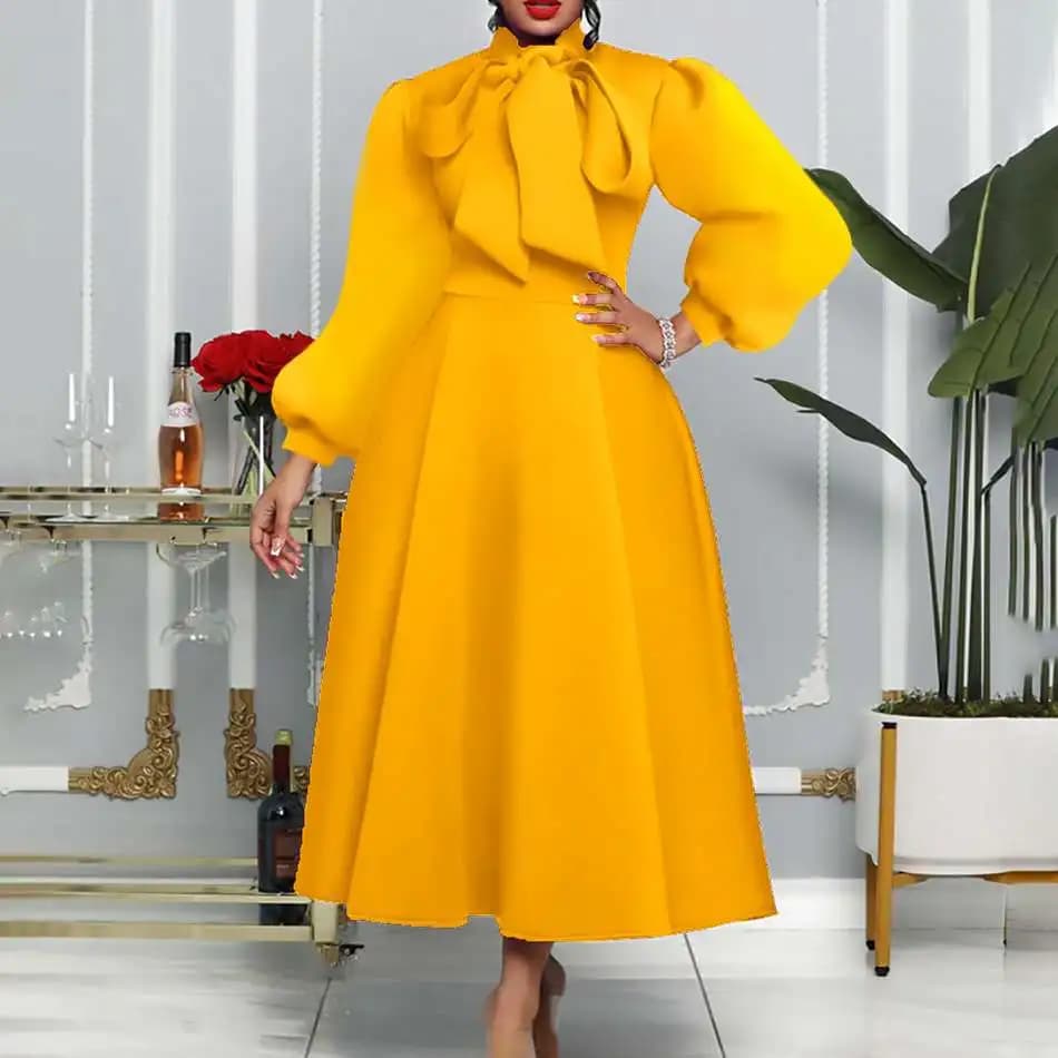 Elegante Abito in Stile Africano con Maniche a Bolla e Ampia Gonna, Design alla Moda con Laccio in Vita, Casual, Tinta Unita