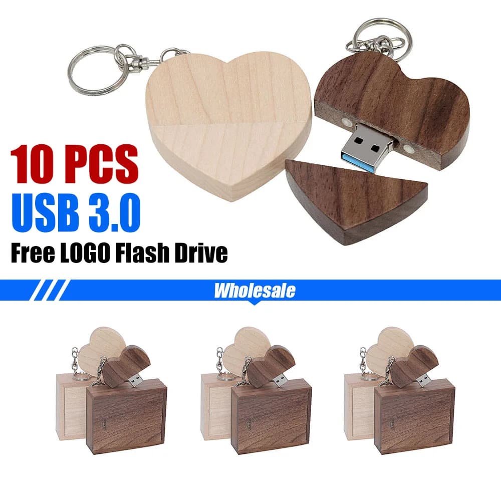 10 pz/lotto Chiavetta USB 3.0 a forma di cuore in legno + Scatola, Pendrive 64GB 32GB 16GB 8GB 128GB 4GB, Regali per Matrimoni e Fotografia
