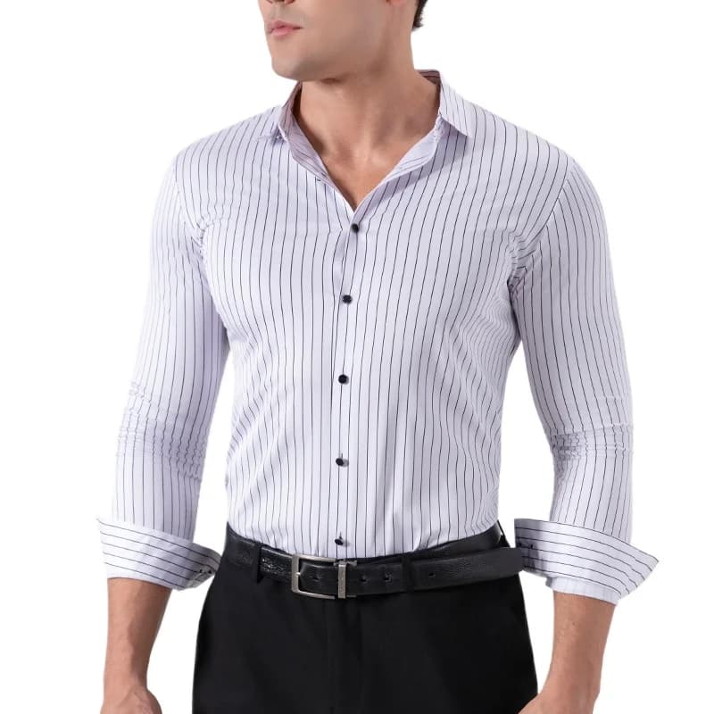 Retro Striped Wrinkle Free Stretch Dress Shirts Men 2026 Fashion Collared Long Sleeve Formal Office Business Casual Shirts Man