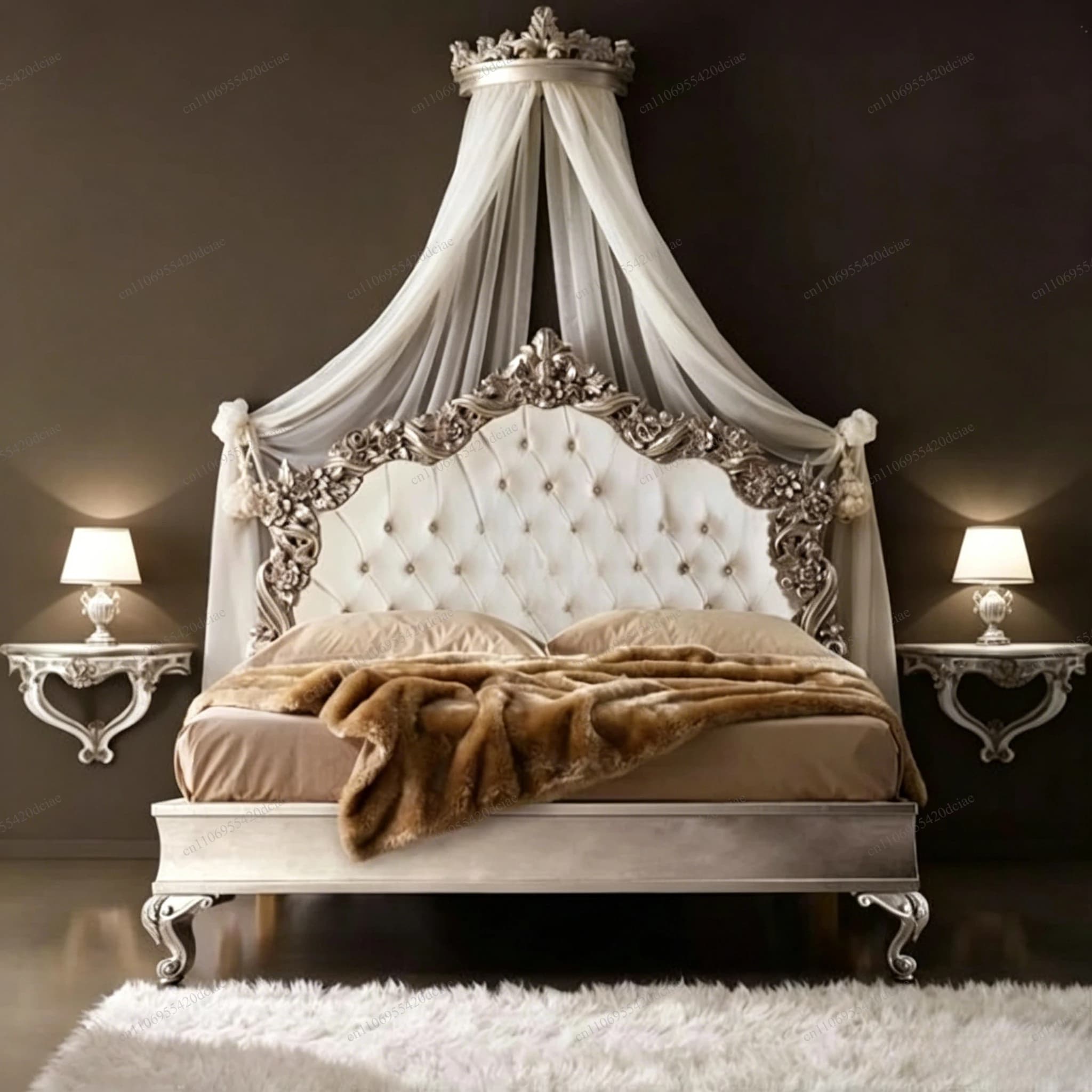 Retro Carved Bed Head Crown, with Track and Pulley, Bed Curtain Holder 60×23×25
