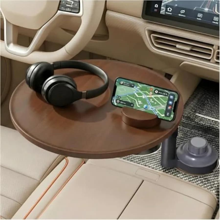 Car Desk for Laptop and Car Table Tray, Height-Adjustable 360° Rotating Wood Car Laptop Mount, Cup Holder Table, Steering Wheel
