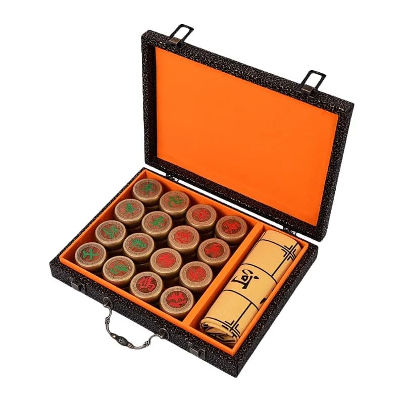 Solid Wood Chinese Chess Set Beech Wood Board Golden Carved Pieces Portable for Students & Adults Gift Set
