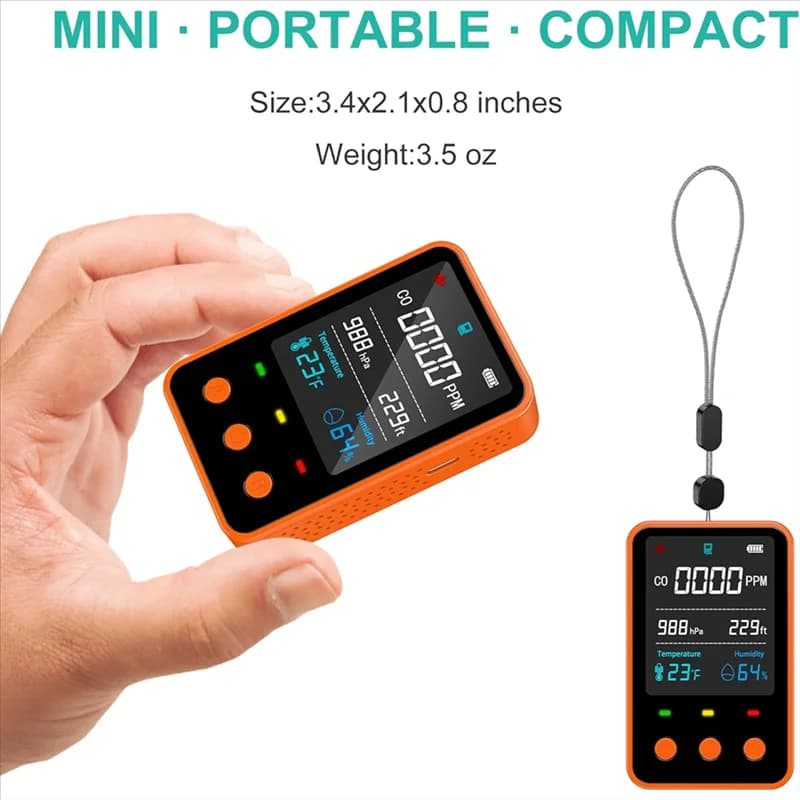 【Preferito del Shopper!】Rilevatore portatile di monossido di carbonio da viaggio 5 in 1 con mini misuratore di CO integrato, altitudine, temperatura, H