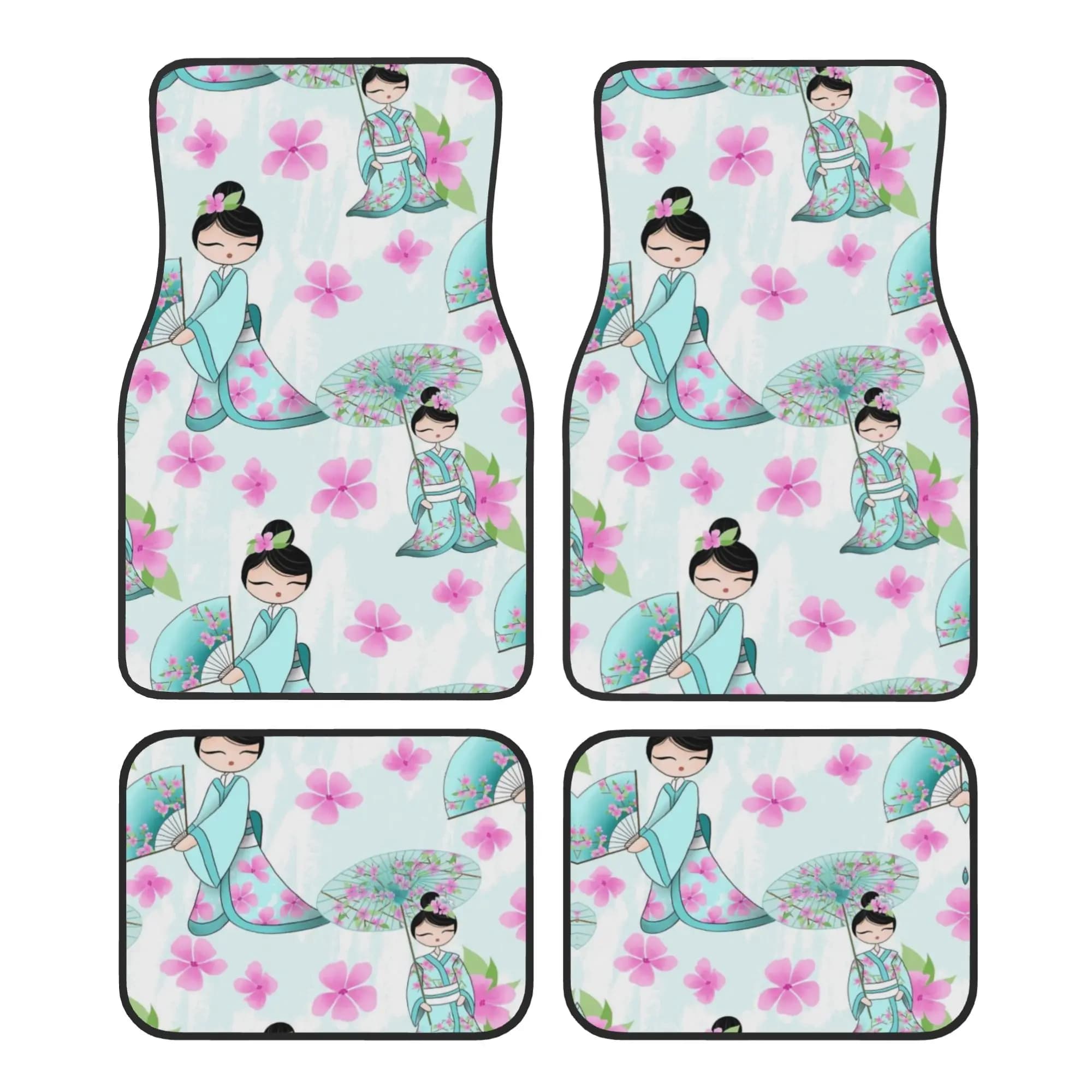 Crystal Velvet Car Floor Mats 4 Pcs Carpets Rugs Japanese Girl kimono Kokeshi Doll Universal Car Front Rear Carpets Foot Mats