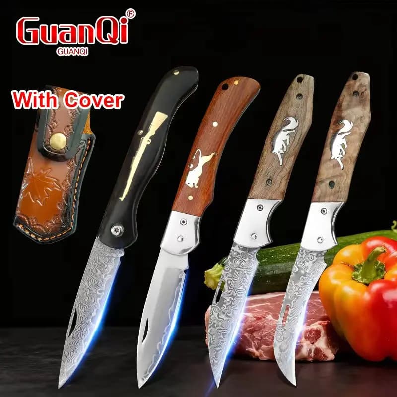 Damascus Folding Knife for Cleaver Meat Fruits Vegetables BBQ Knife Kitchen Razor Sharp Wooden Handle Multipurpose Knives Tool